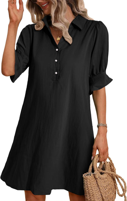 ✨Hot Sale-Womens Casual Shirt Dress Ruffle Sleeve Solid Color Button Down
