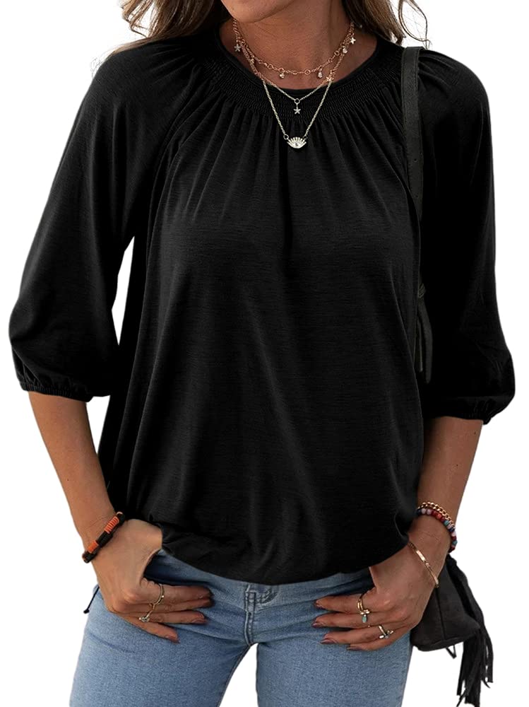 ✨Women's Casual Cotton 3/4 Sleeve Loose Pleated Basic Tops