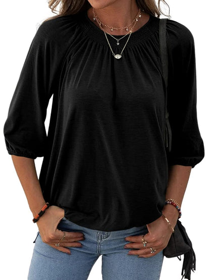 ✨Women's Casual Cotton 3/4 Sleeve Loose Pleated Basic Tops