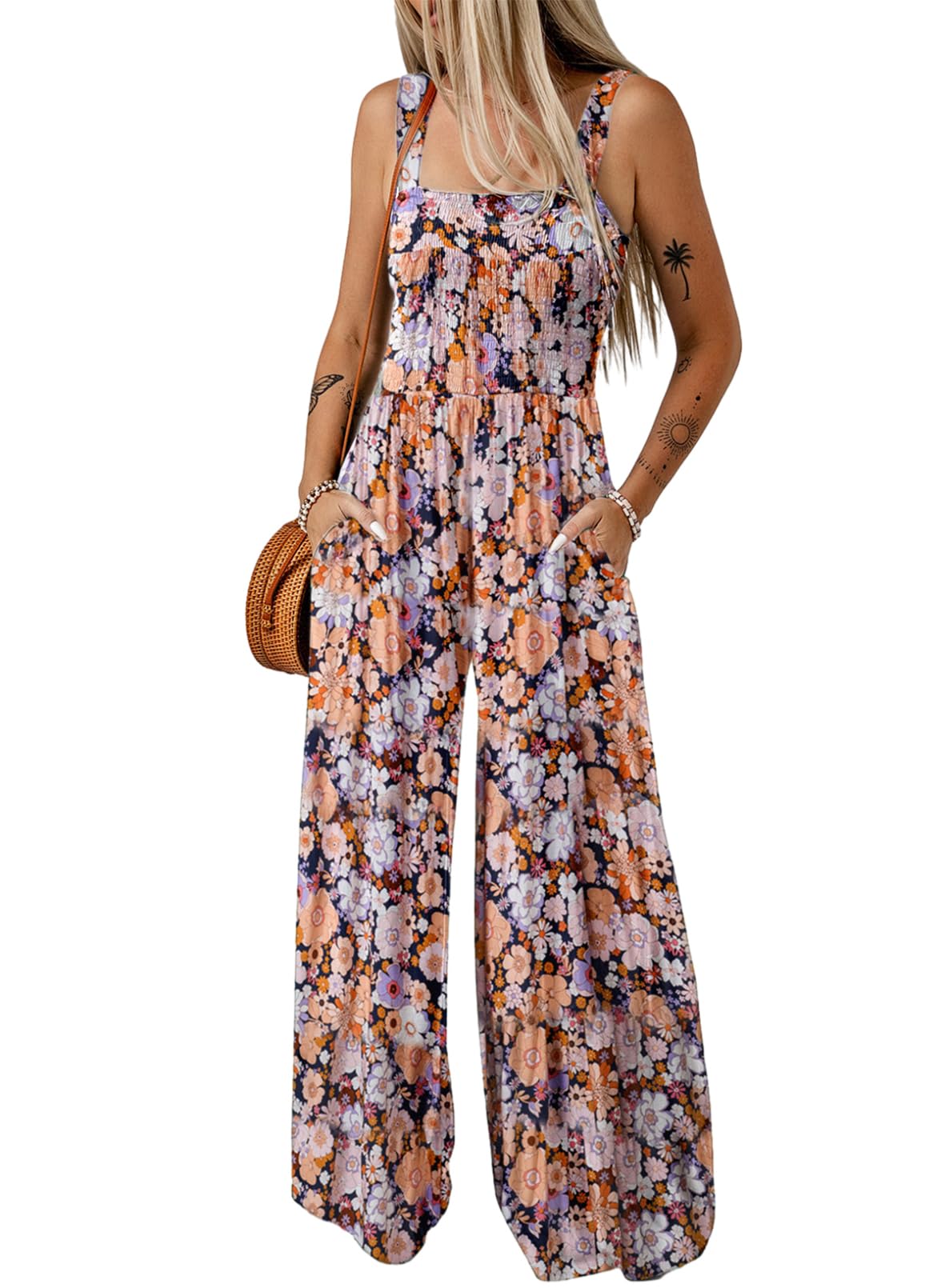 Limited time sale🔥Women's Overalls Casual Floral Print Sleeveless Jumpsuit with Pockets