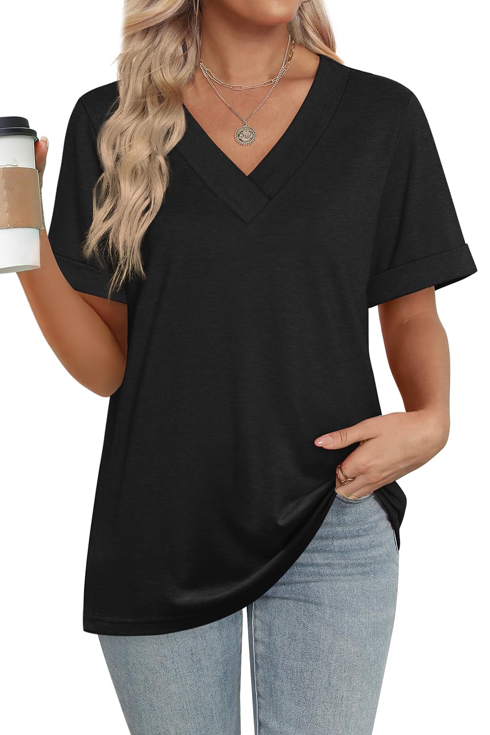 Women's Summer Tops Short Sleeve Basic Casual V Neck T Shirts