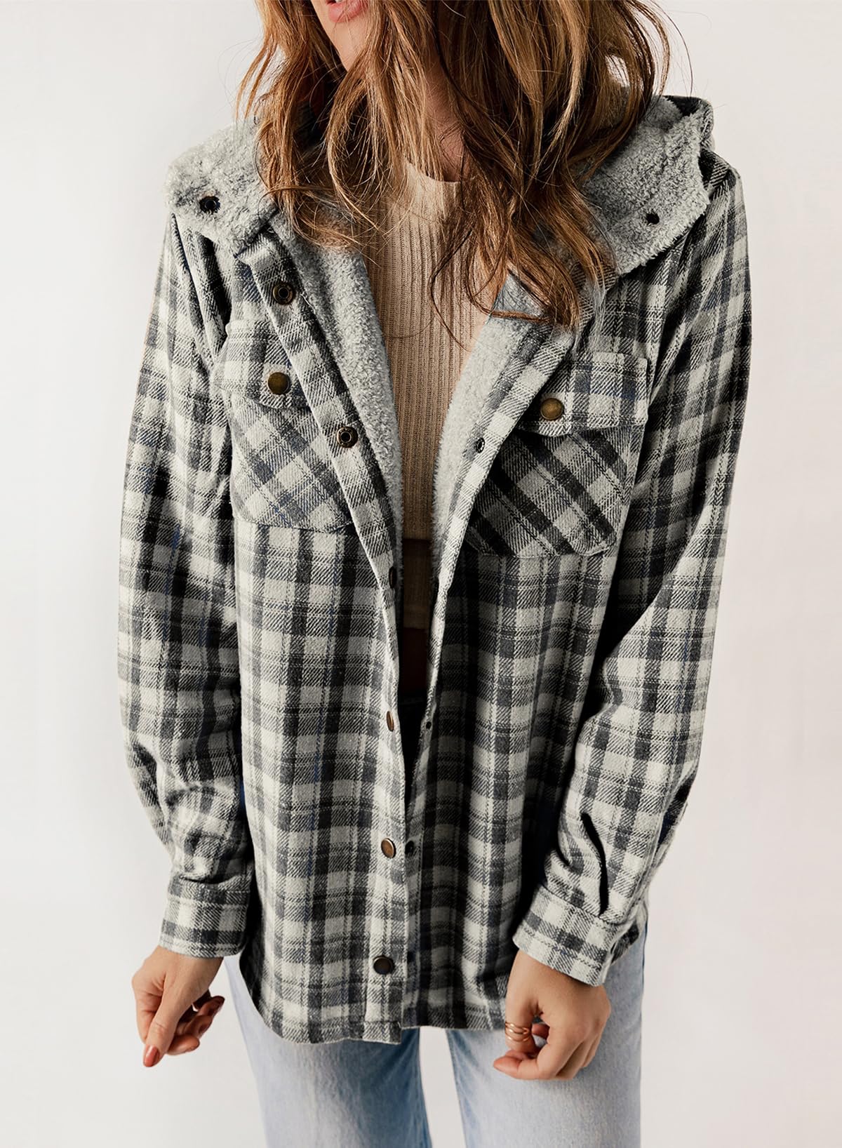 ☘️50% OFF🔥Women's Fall Fuzzy Flannel Long Sleeve Plaid Jacket Coat with Hood