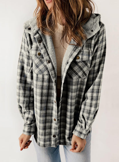 HOT SALE🔥Women's Fall Fuzzy Flannel Long Sleeve Plaid Jacket Coat with Hood