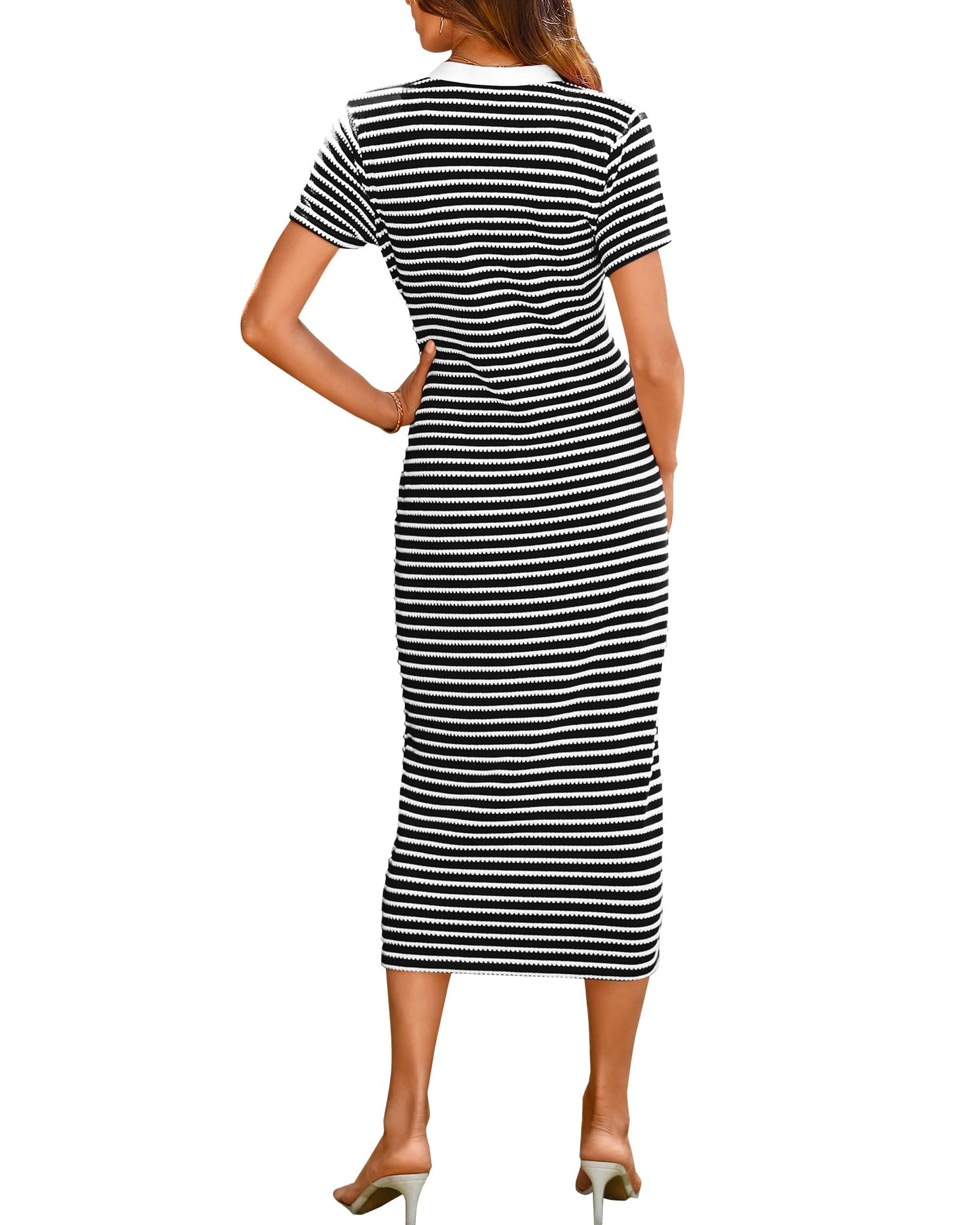 Women Casual  Dresses Short Sleeve Striped Midi Dresses(Buy 2 Free Shipping)