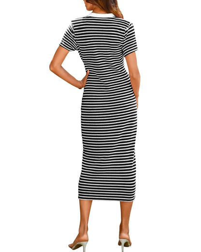 Women Casual  Dresses Short Sleeve Striped Midi Dresses(Buy 2 Free Shipping)