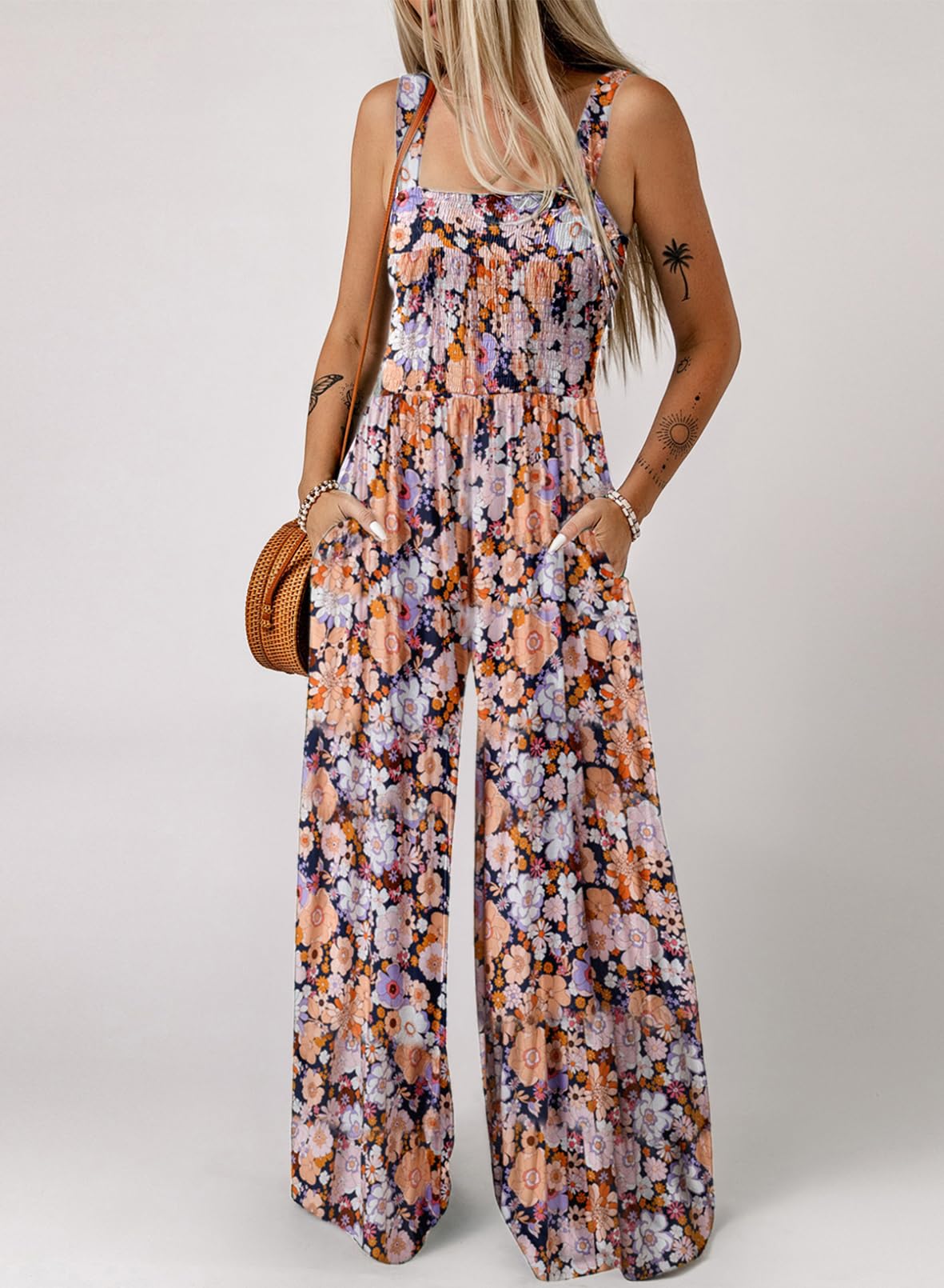 Limited time sale🔥Women's Overalls Casual Floral Print Sleeveless Jumpsuit with Pockets