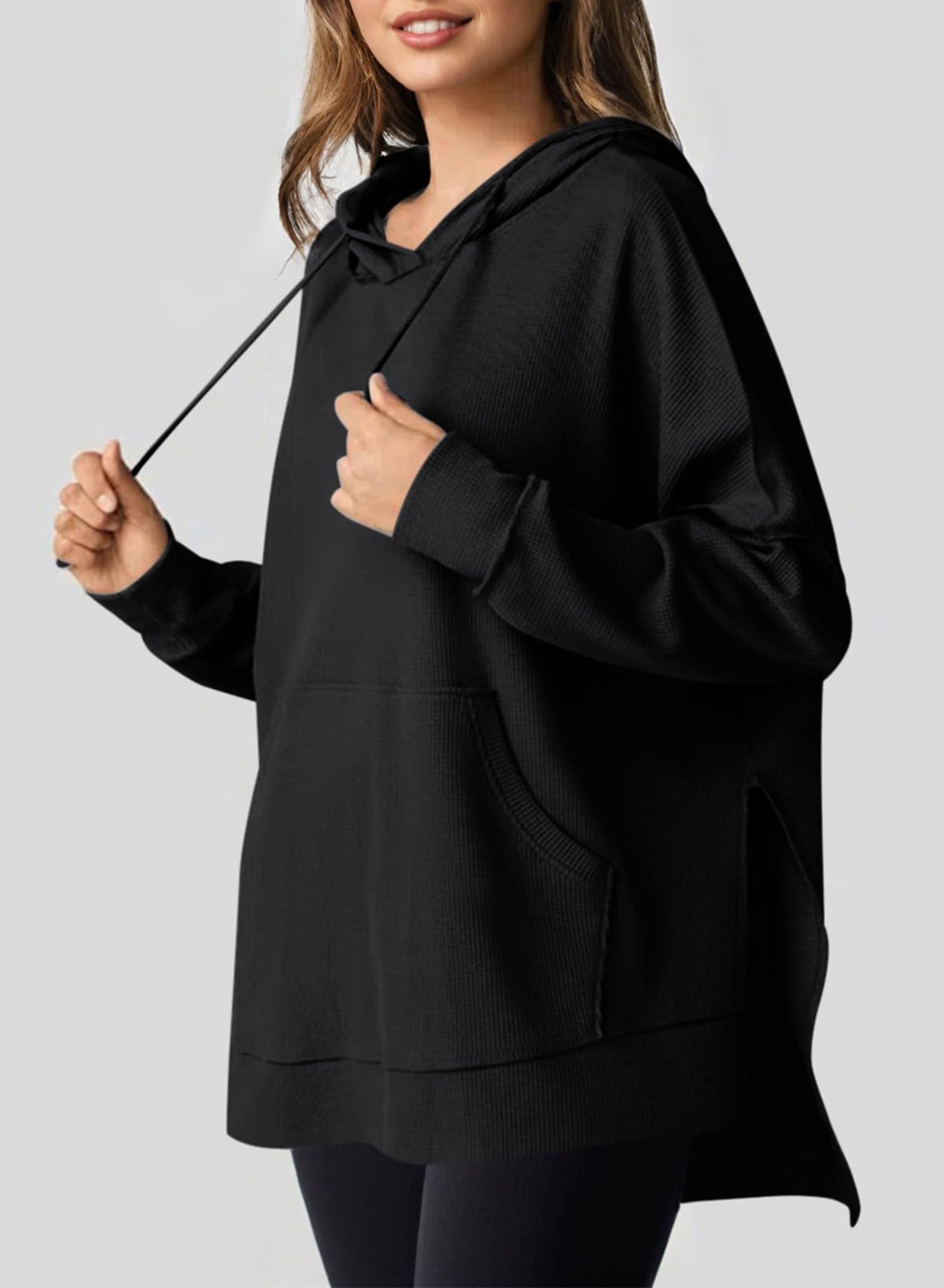 ✨Oversized Hoodies for Women Waffle Knit Drawstring Side Slit Pullover Sweatshirts with Pocket (Final Days: Big Savings!!!)