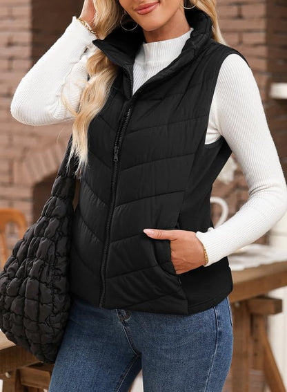 Limited time sale🔥Womens Sleeveless Zip Up Outerwear Stand Collar Quilted Puffer Vest