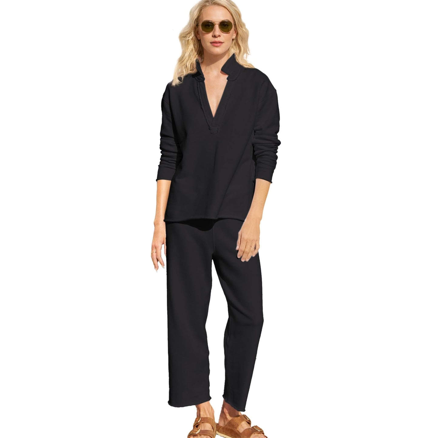 Women's V Neck Pullover Sweatshirts Wide Leg Pants Set