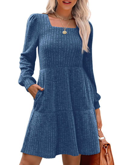 Limited time sale🔥Women's Square Neck Lantern Sleeve Ribbed Dress