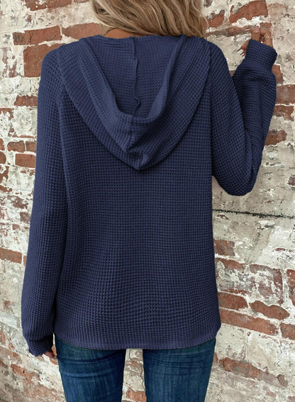 Women's Waffle Knit Drawstring Button V Neck Hooded Sweatshirt(buy 2 free shipping)