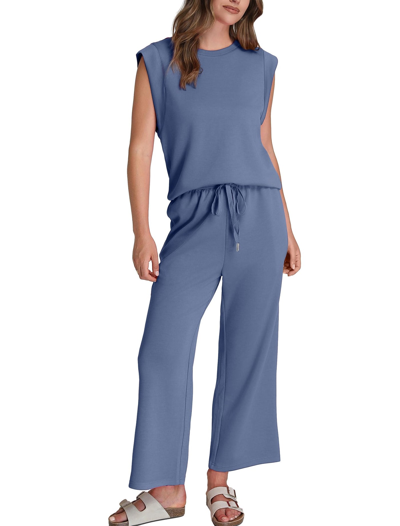✨Women's Casual Cap Sleeve Top Wide Leg Crop Pants Two Piece Sets