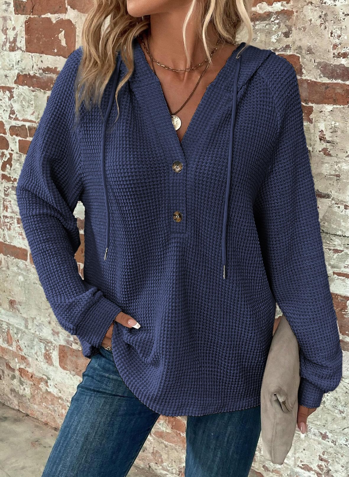 Limited time sale 🔥Women's Waffle Knit Drawstring Button V Neck Hooded Sweatshirt