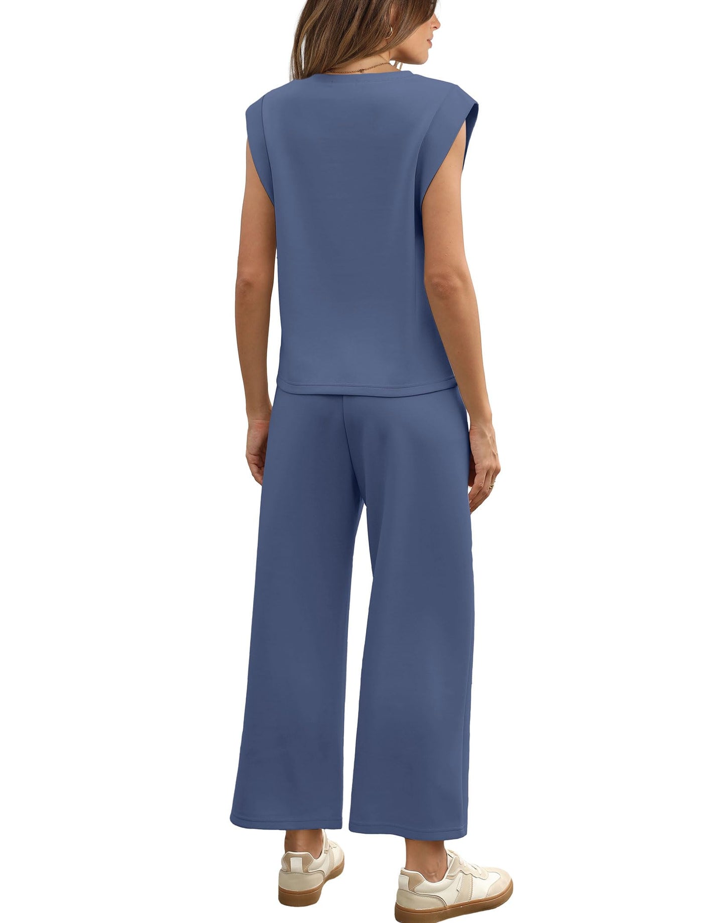 ✨Women's Casual Cap Sleeve Top Wide Leg Crop Pants Two Piece Sets
