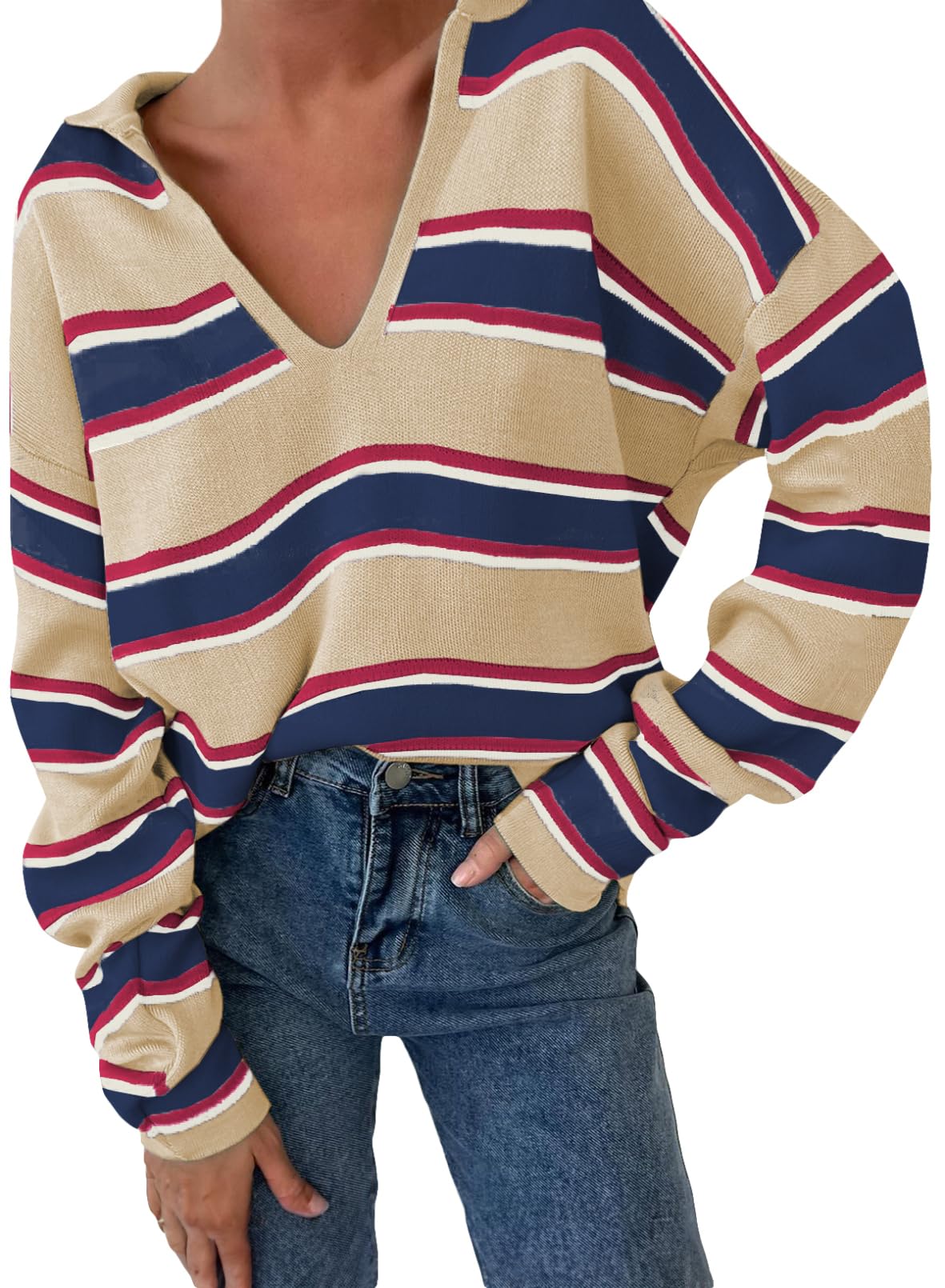 Women's V-neck Striped Oversized Sweater Pullover Top
