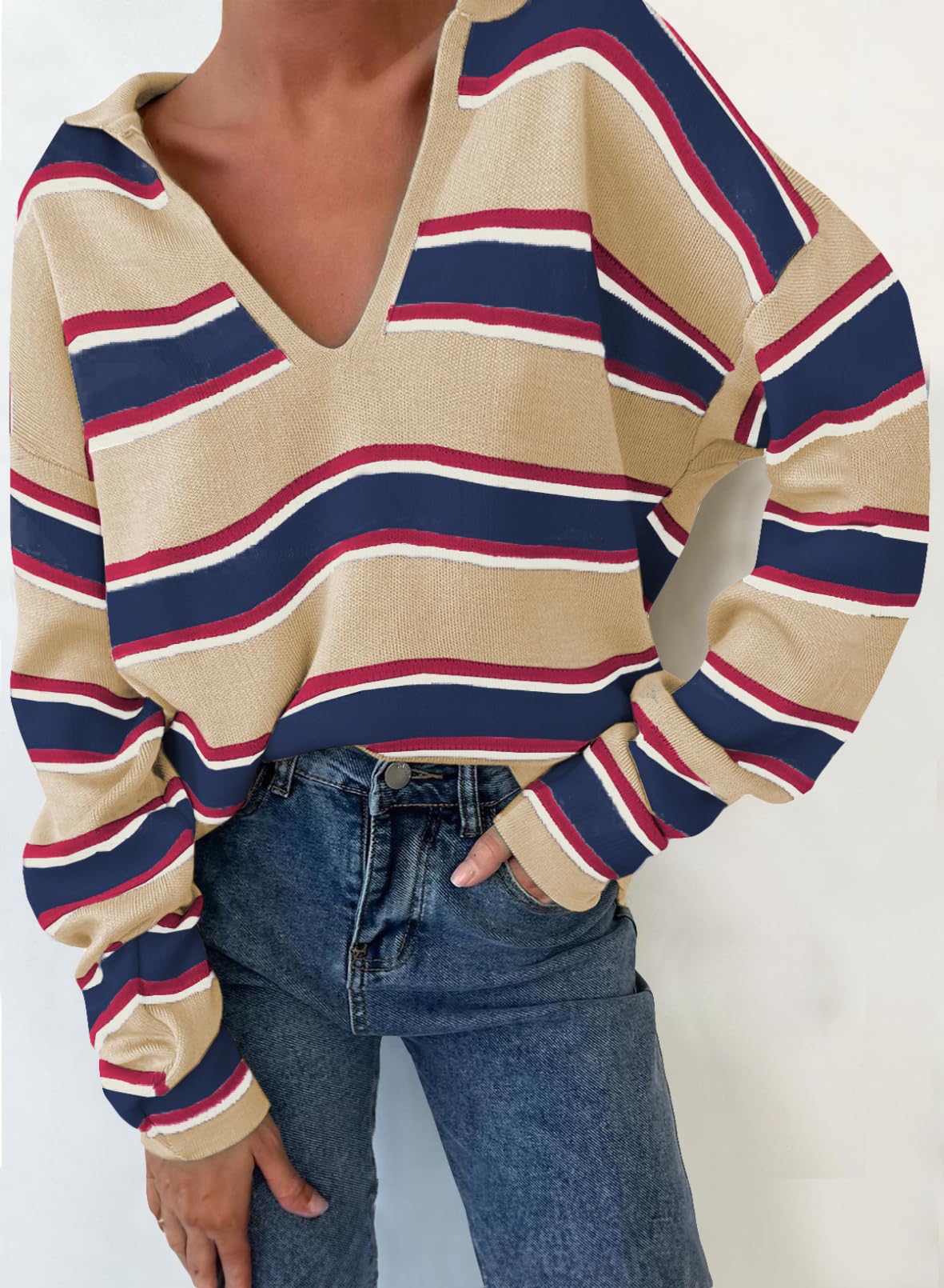 Women's V-neck Striped Oversized Sweater Pullover Top