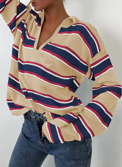 Women's V-neck Striped Oversized Sweater Pullover Top