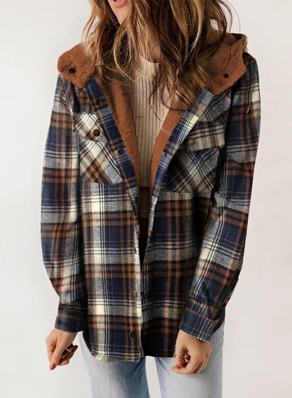 ☘️50% OFF🔥Women's Fall Fuzzy Flannel Long Sleeve Plaid Jacket Coat with Hood