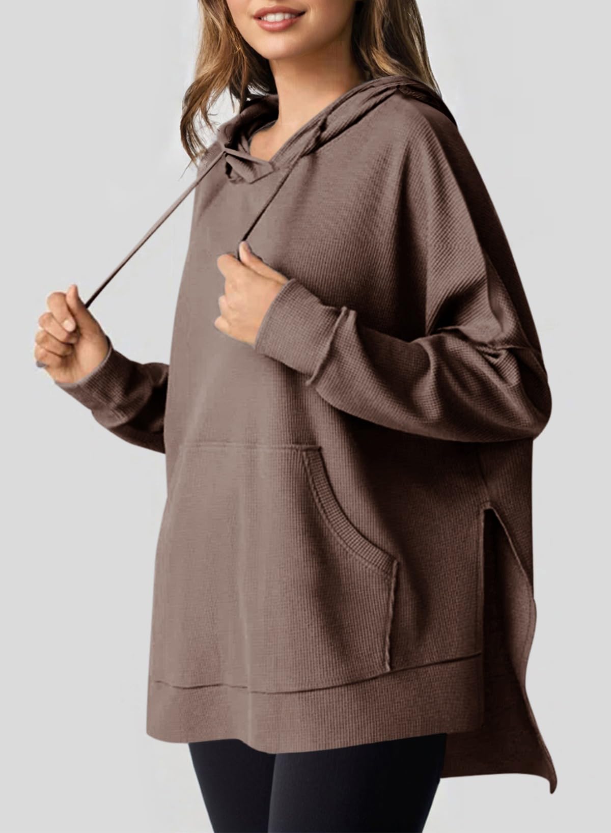 ✨Oversized Hoodies for Women Waffle Knit Drawstring Side Slit Pullover Sweatshirts with Pocket (Final Days: Big Savings!!!)