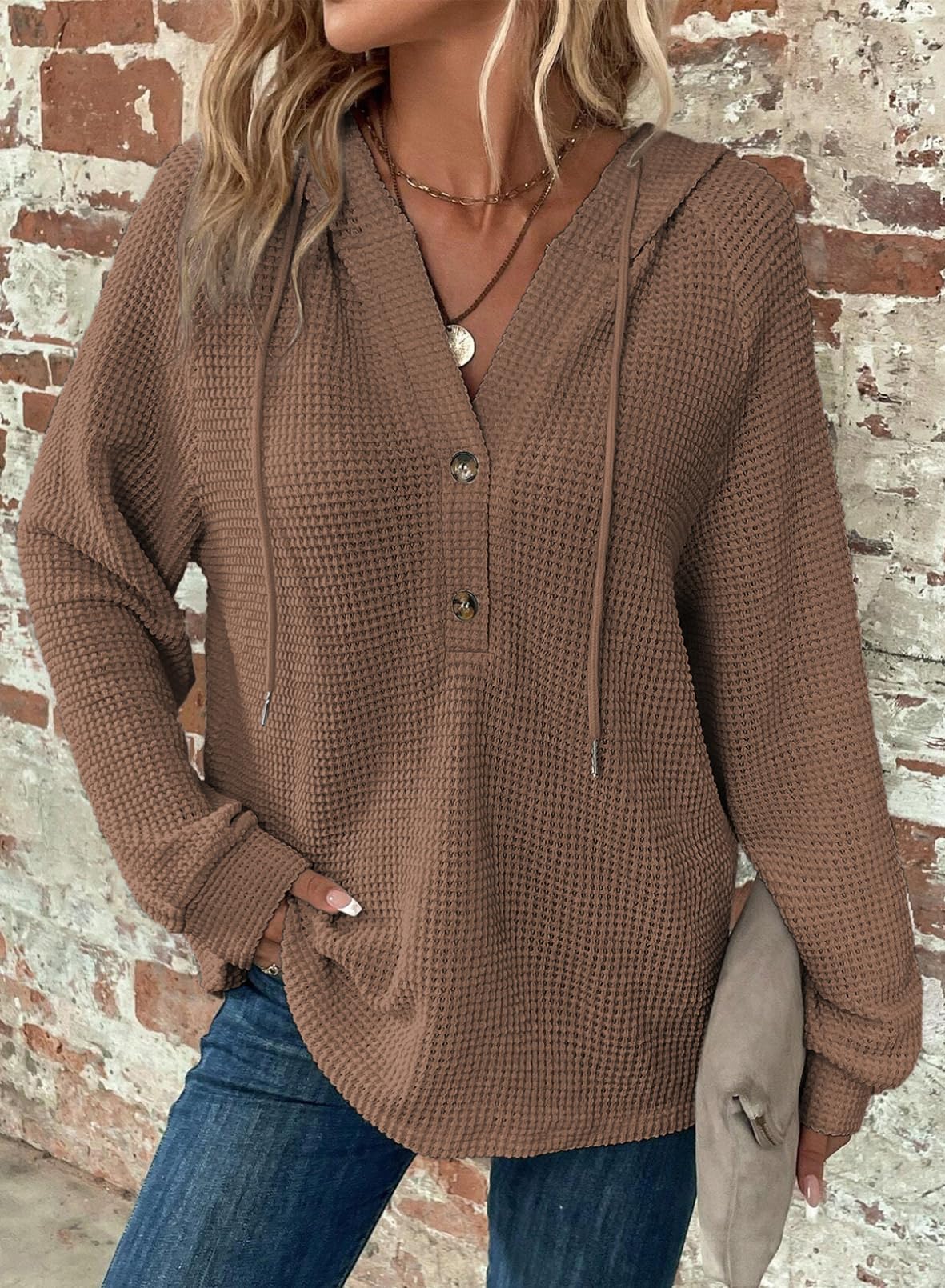 Women's Waffle Knit Drawstring Button V Neck Hooded Sweatshirt(buy 2 free shipping)