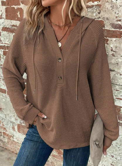 Limited time sale 🔥Women's Waffle Knit Drawstring Button V Neck Hooded Sweatshirt
