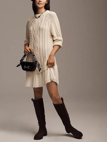 Limited time sale🔥Women Crewneck Cable Knit Sweater Mini Dress