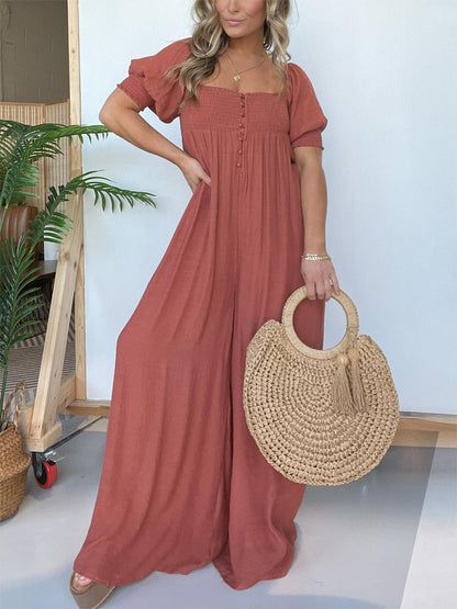 Hot Sale 2024 New Square Neckline Jumpsuit with Smocked Bodice Button (Buy 2 Free Shipping)