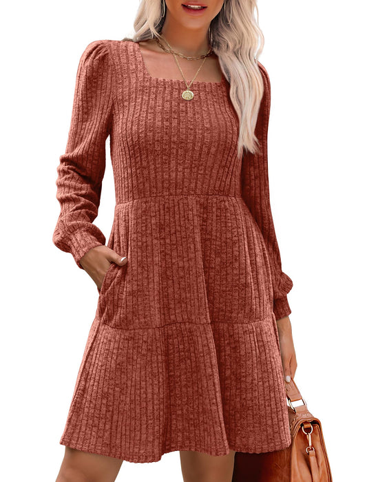 Limited time sale🔥Women's Square Neck Lantern Sleeve Ribbed Dress
