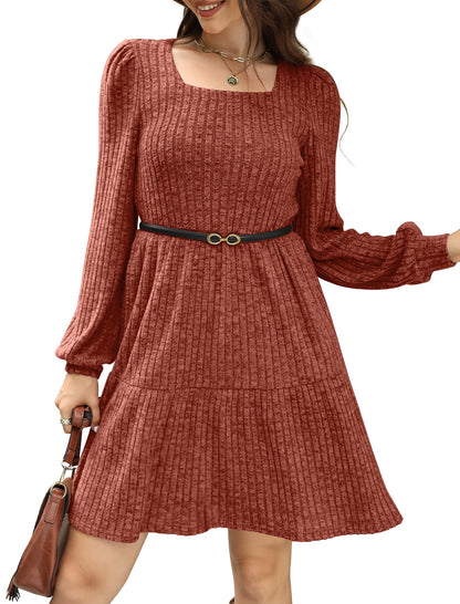 Limited time sale🔥Women's Square Neck Lantern Sleeve Ribbed Dress