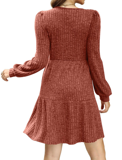Limited time sale🔥Women's Square Neck Lantern Sleeve Ribbed Dress