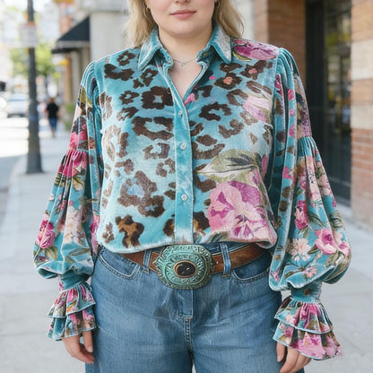 Vintage Leopard Floral Print Button Up Velvet Shirt
