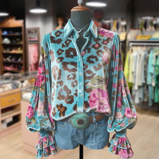 Vintage Leopard Floral Print Button Up Velvet Shirt