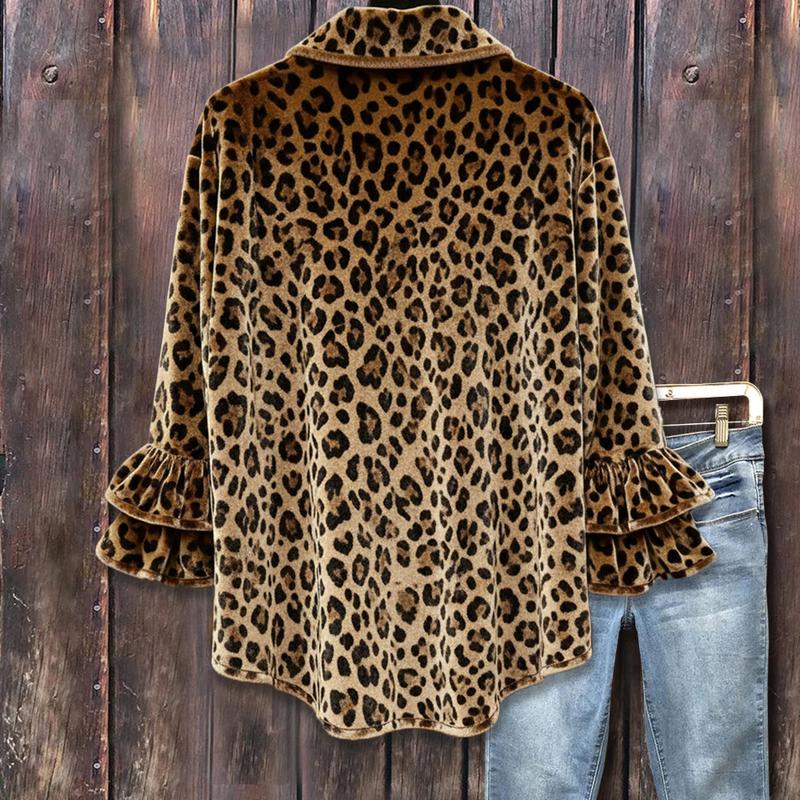Vintage Leopard Print Double Ruffle Long Sleeve Velvet Shirt