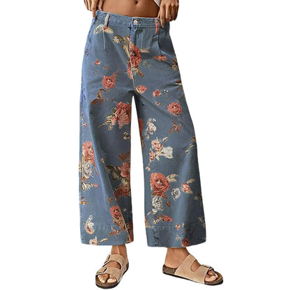 Women's Mid-rise Floral Print Cropped Loose Wide-leg Jeans