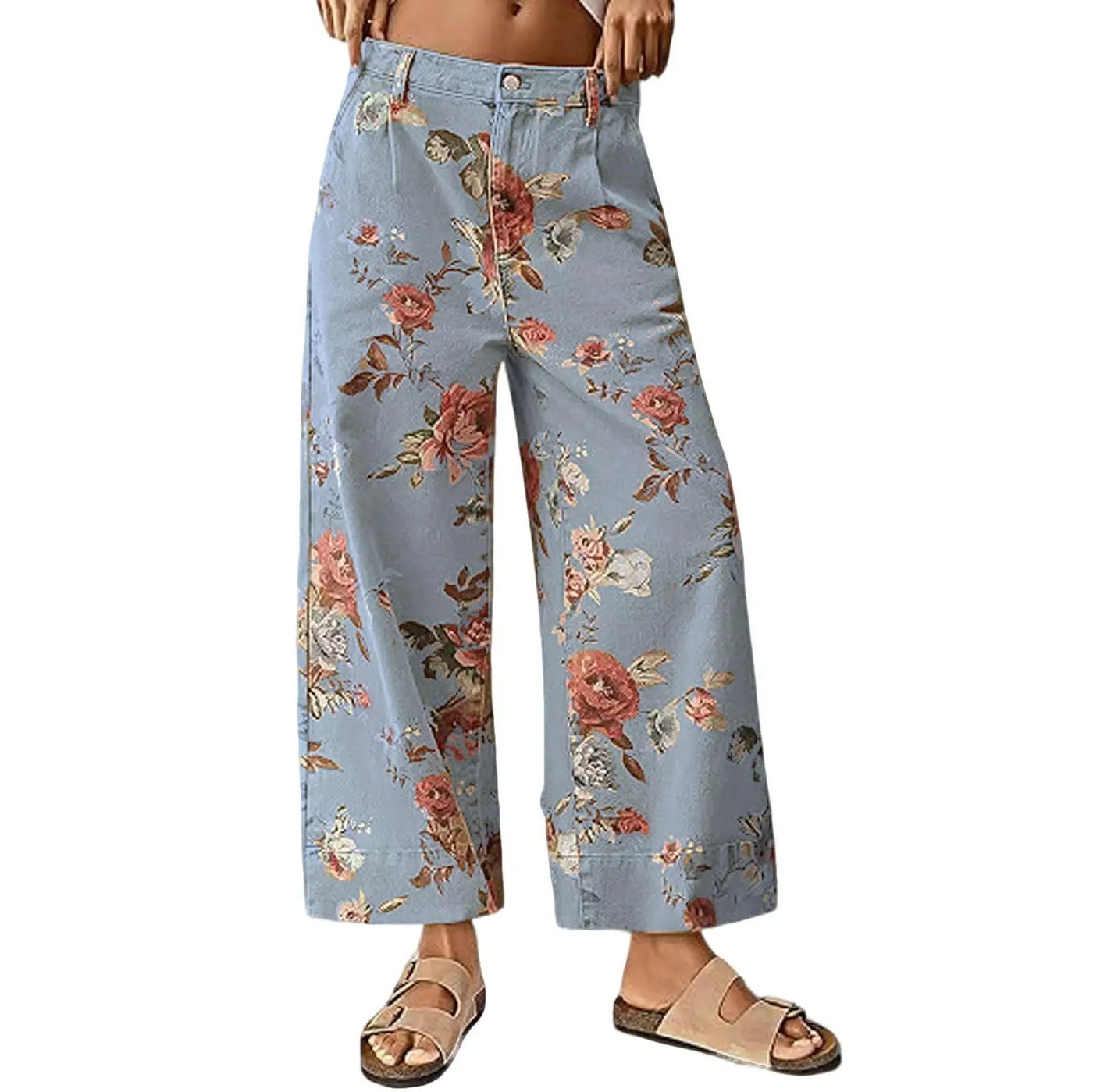 Women's Mid-rise Floral Print Cropped Loose Wide-leg Jeans
