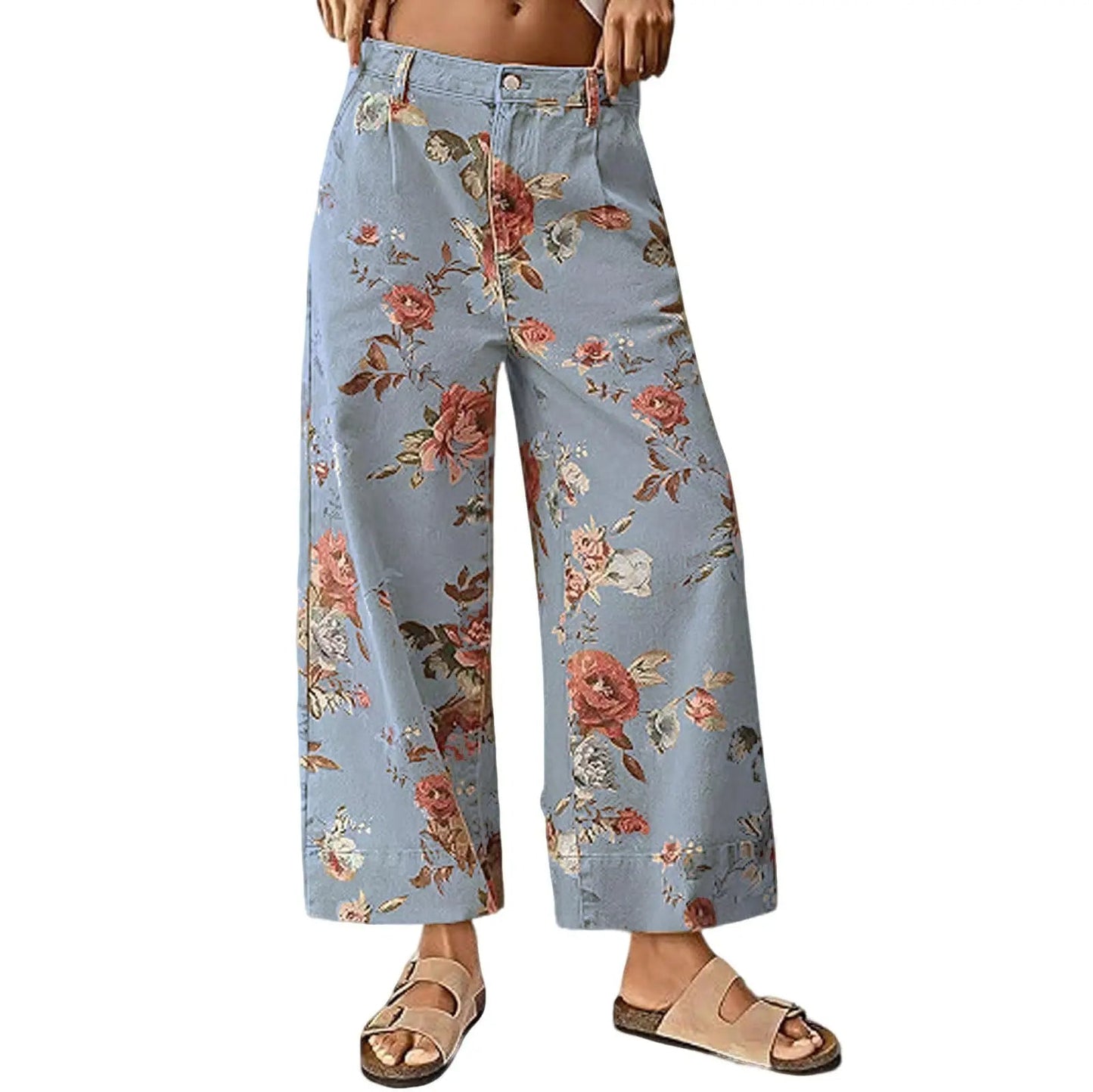 Women's Mid-rise Floral Print Cropped Loose Wide-leg Jeans