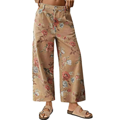 Women's Mid-rise Floral Print Cropped Loose Wide-leg Jeans