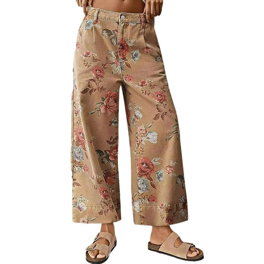 Women's Mid-rise Floral Print Cropped Loose Wide-leg Jeans