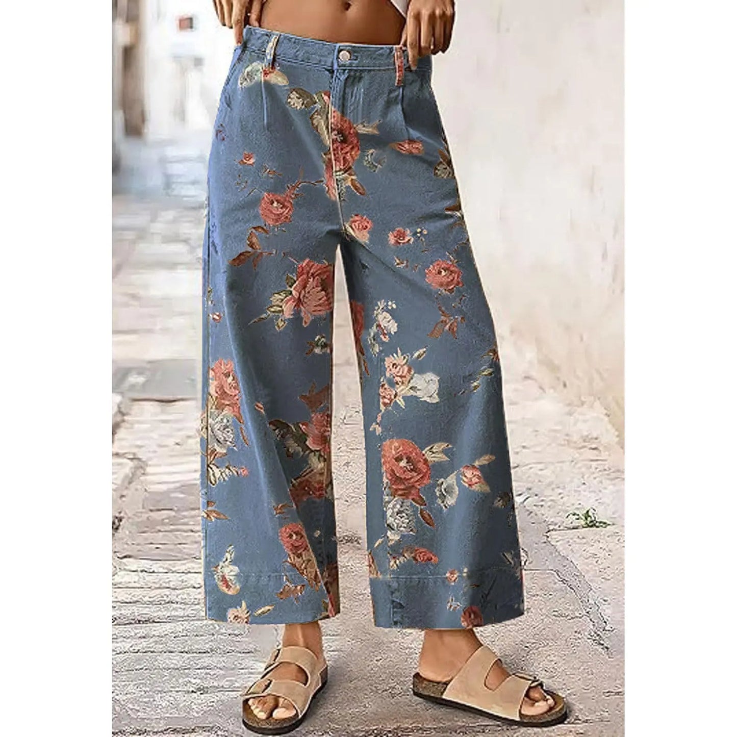 Women's Mid-rise Floral Print Cropped Loose Wide-leg Jeans