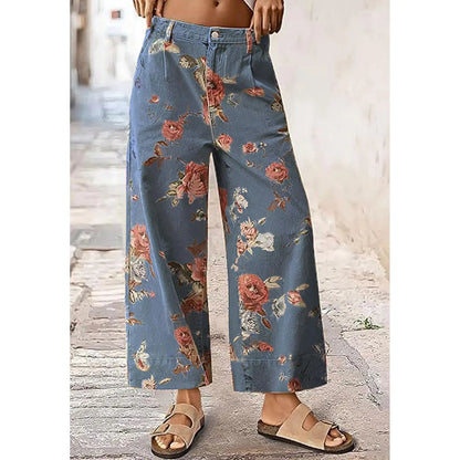 Women's Mid-rise Floral Print Cropped Loose Wide-leg Jeans