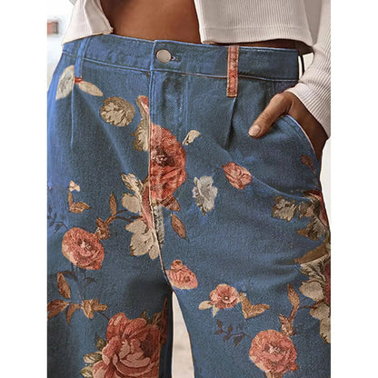 Women's Mid-rise Floral Print Cropped Loose Wide-leg Jeans