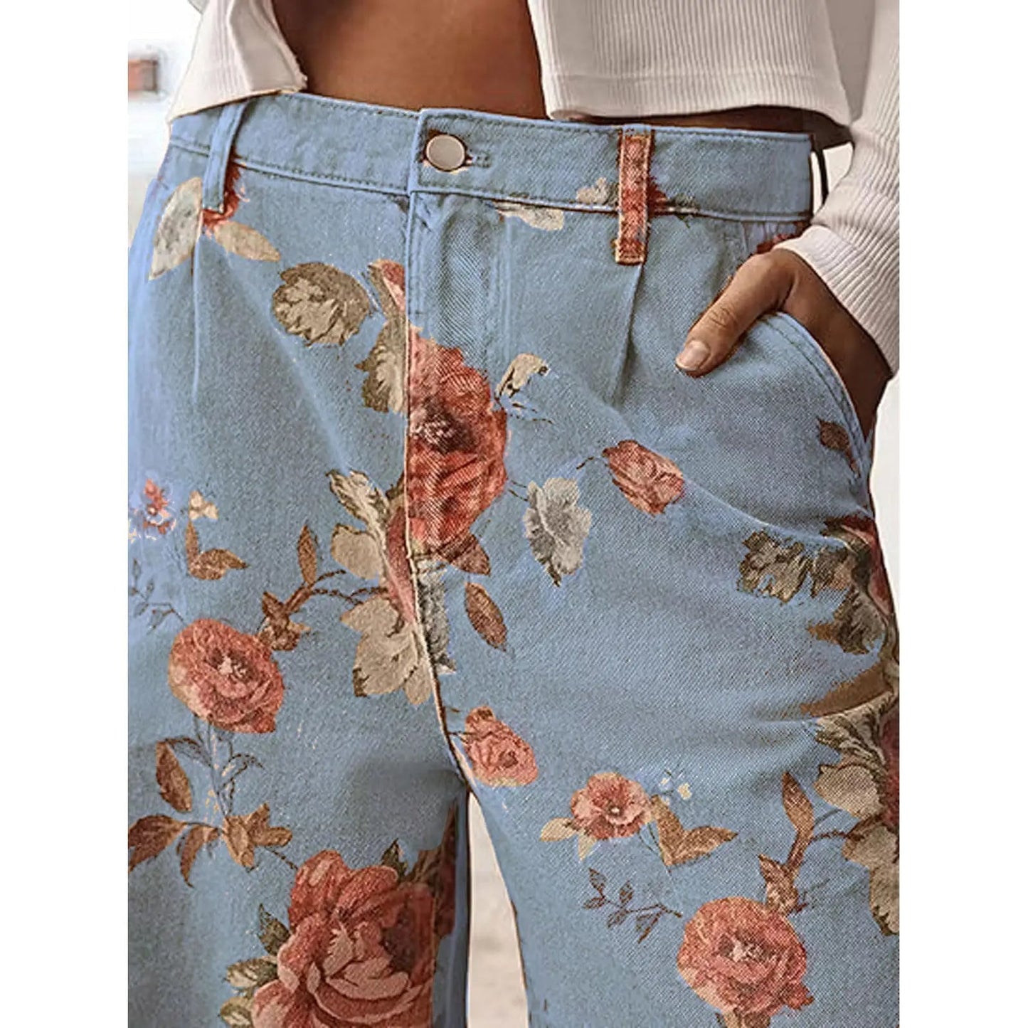 Women's Mid-rise Floral Print Cropped Loose Wide-leg Jeans