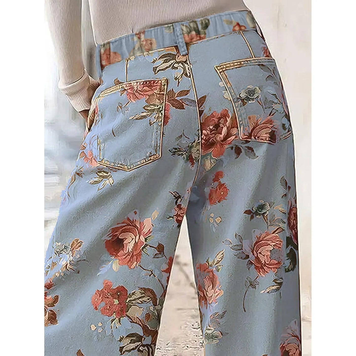 Women's Mid-rise Floral Print Cropped Loose Wide-leg Jeans