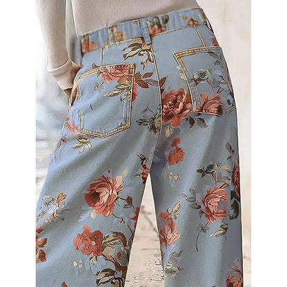 Women's Mid-rise Floral Print Cropped Loose Wide-leg Jeans