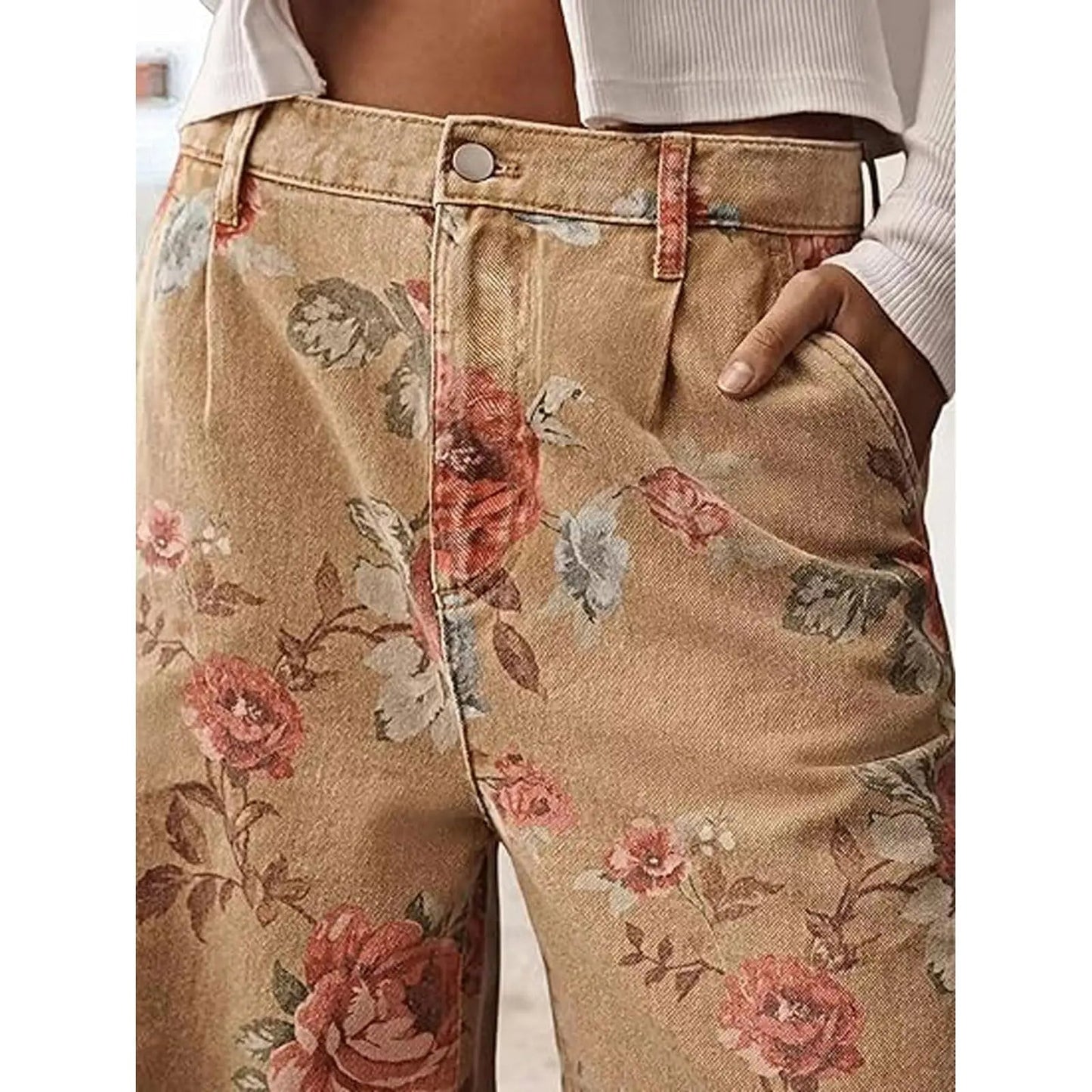 Women's Mid-rise Floral Print Cropped Loose Wide-leg Jeans