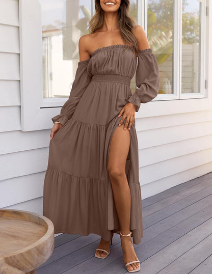 Limited time sale🔥Women's  Boho Off Shoulder Long Sleeve Side Split Flowy A Line  Long Maxi Dress