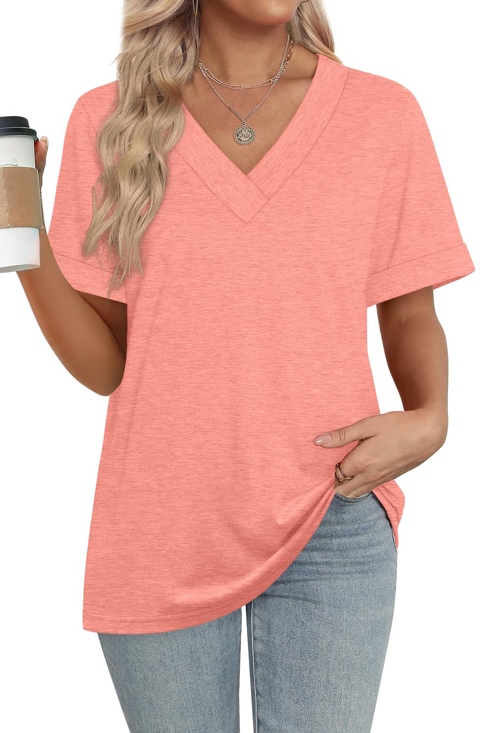Women's Summer Tops Short Sleeve Basic Casual V Neck T Shirts
