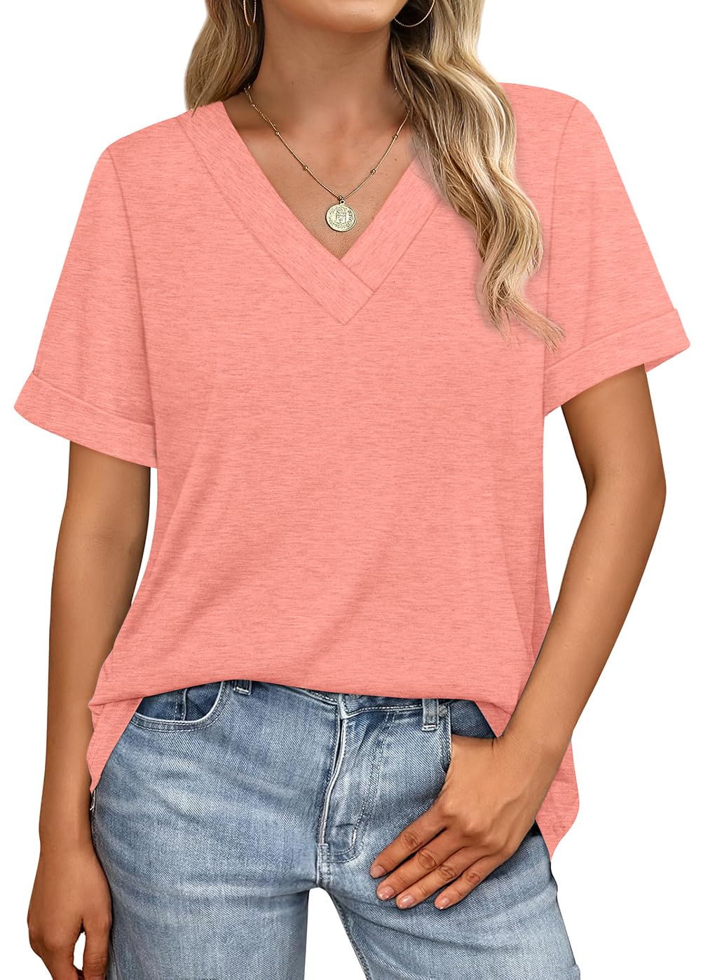 Women's Summer Tops Short Sleeve Basic Casual V Neck T Shirts