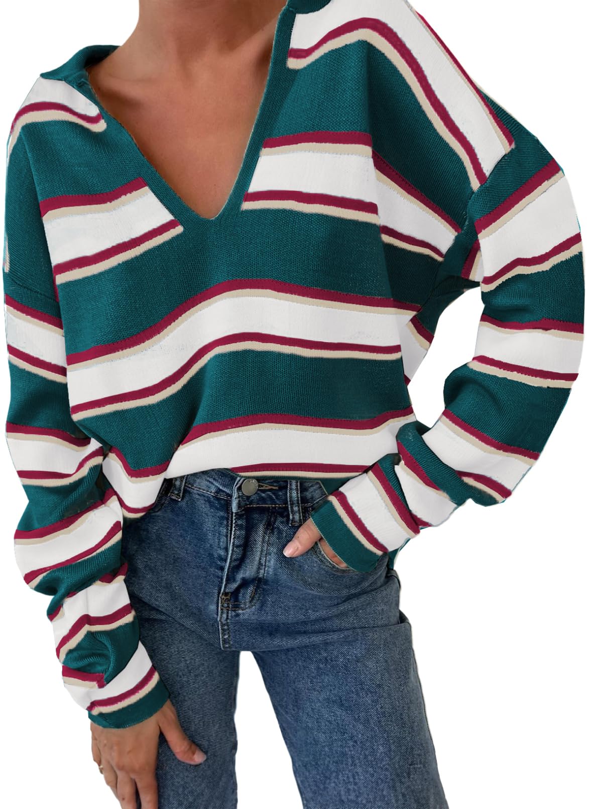 Women's V-neck Striped Oversized Sweater Pullover Top