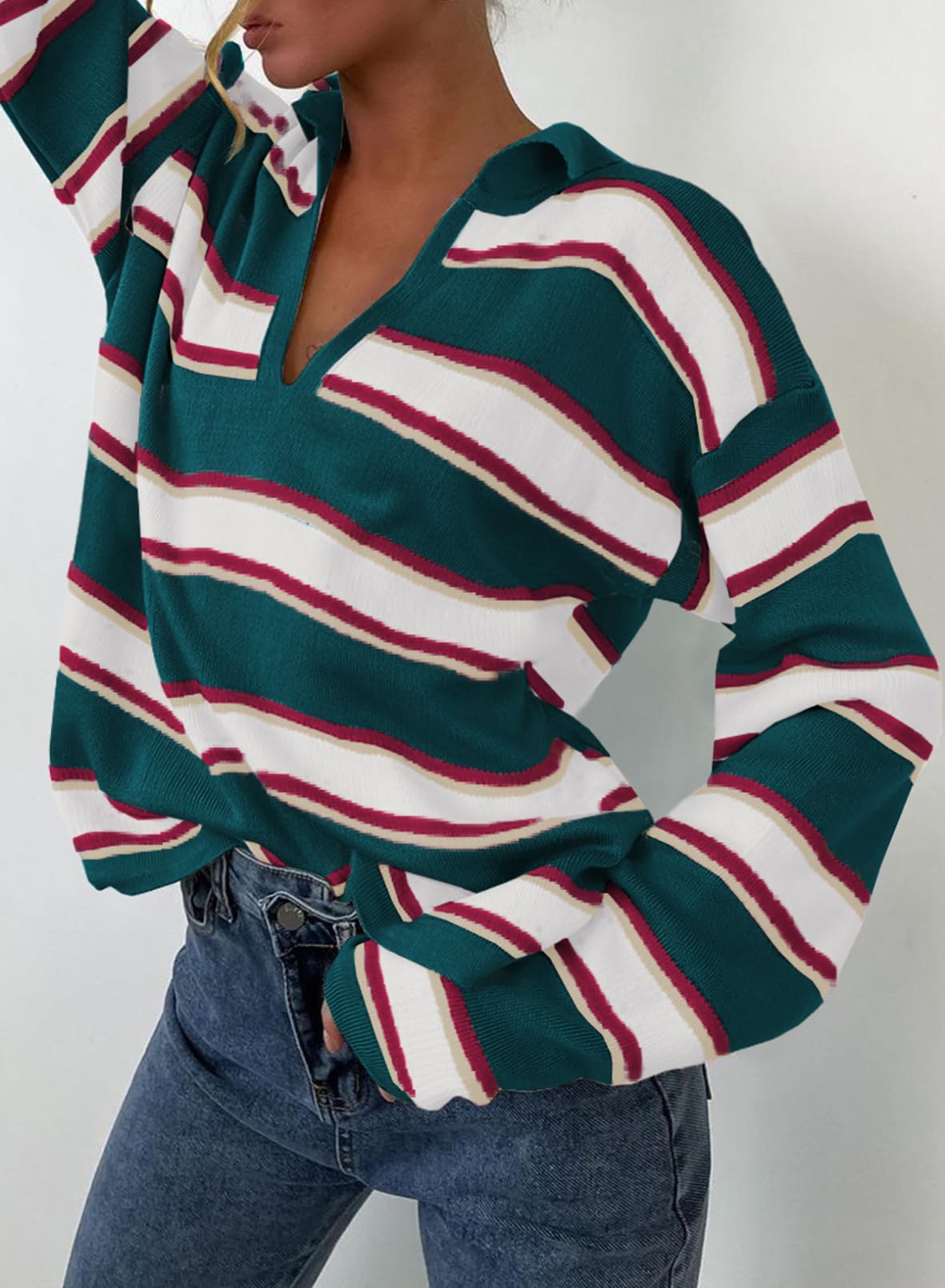 Women's V-neck Striped Oversized Sweater Pullover Top